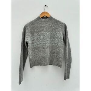 Gray Wool Blend Ribbed Mock Neck Sweater with Metallic Thread Detail